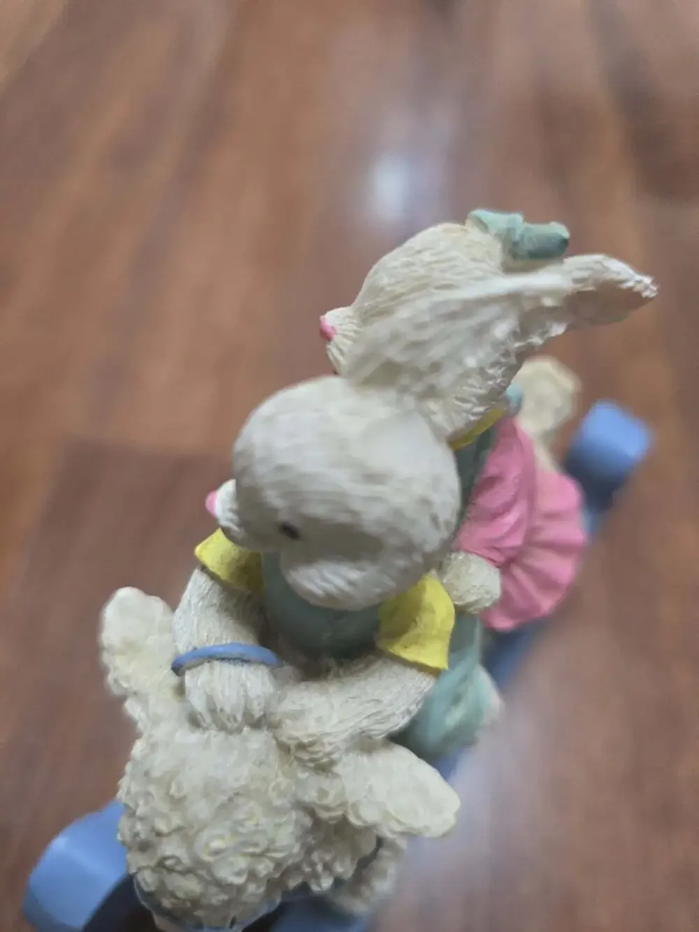 Vintage Resin Easter Bunny Rabbit Figurines Riding On Blue Rocking Lamb READ